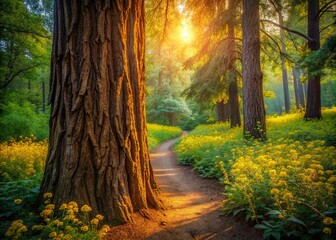 Fototapeta premium Majestic Crackled Tree Forest Path, Yellow Wildflowers, Lush Green Bushes, Spring Landscape