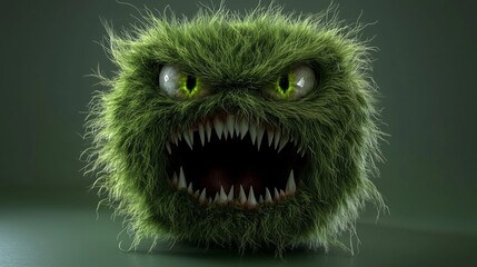 Green furry monster with sharp teeth
