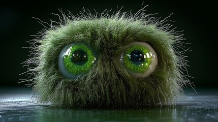 Furry green creature with large glowing eyes
