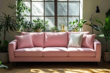A pink couch sits in front of a window, perfect for decorating a room or using as a prop