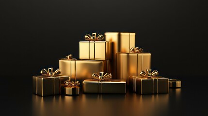 Pile of gold gifts with bows on dark background.