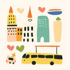 A colorful illustration featuring whimsical buildings, a bus, and hearts, creating a cheerful urban scene.