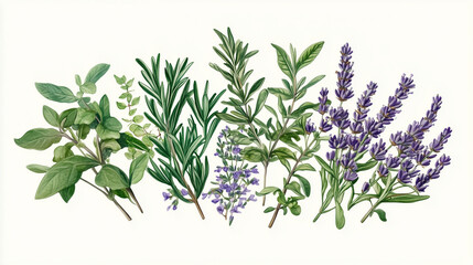Aromatic Herb Collection: A vibrant collection of fresh herbs, including rosemary, lavender, oregano, and thyme, arranged in a visually appealing composition.