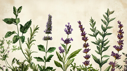 Lavender and Herbs Botanical Illustration: A delicate and artistic illustration featuring a row of lavender and herbs, showcasing their intricate details and captivating colours.