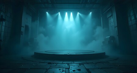 dark atmospheric room, concrete platform, dense fog, ethereal light beams, mysterious ambiance, blue-green tones, smoky atmosphere, dramatic lighting
