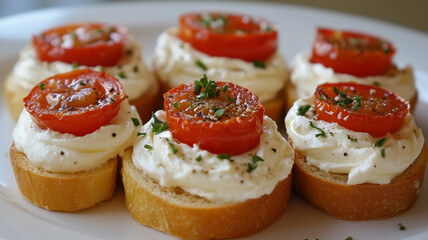 Creamy whipped goat cheese topped with roasted tomatoes on artisan bread