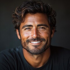 Obraz premium A close-up shot of a man with a beard smiling, suitable for use in editorial or commercial contexts