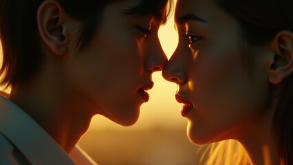 A close-up of a couple about to kiss, surrounded by warm light and a romantic atmosphere..