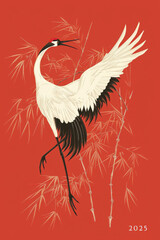 2025 Chinese New Year Calendar Featuring Bamboo Crane on Red Background
