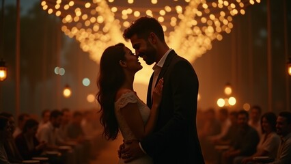A couple sharing a tender embrace under glowing string lights in a warm festive setting..