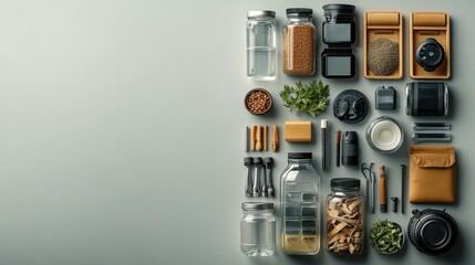 Aerial view of organized kitchen storage with jars, containers, and utensils on a minimalist background