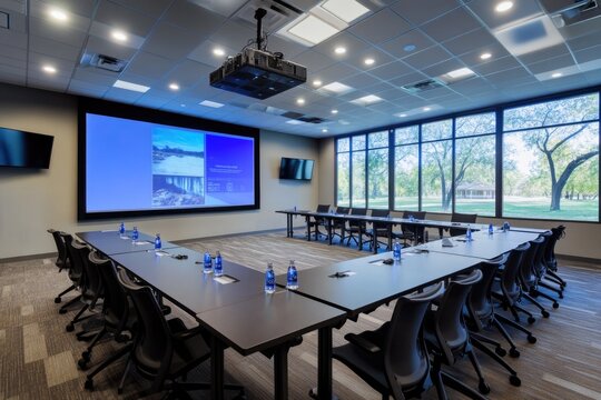 Projector screen and chairs in a modern conference room setting