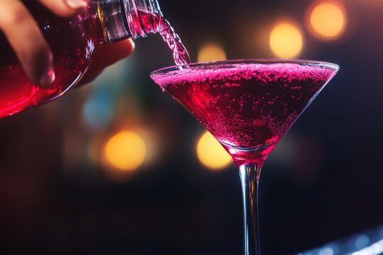 With a bar in the background, a barman carefully prepares and pours a red cosmopolitan cocktail into a martini glass