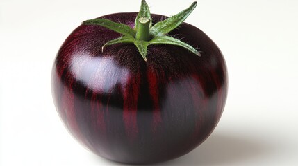 Fresh Glossy Black Tomato on White Background with Green Stem