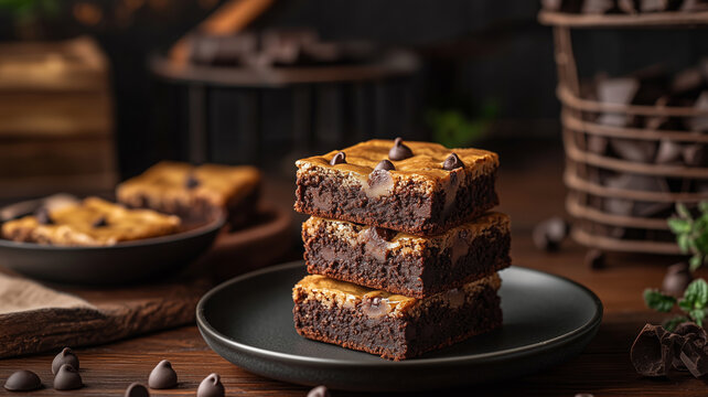Indulgent chocolate chip brookies stacked on a rustic plate