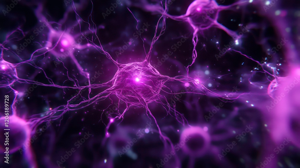 Fototapete microscopic view of glowing purple neurons and synapses connecting in a complex network.