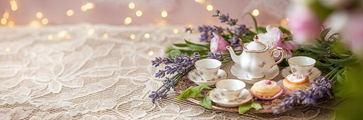 Fototapeta premium Elegant Tea Party Lavender Teacups Cakes Lace