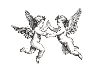 Fototapeta premium Engraving illustration of two adorable cherubs dancing. Black and white.