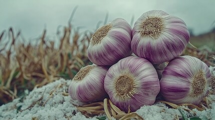 Fresh and Vibrant Garlic Bulbs on Snowy Ground in Nature