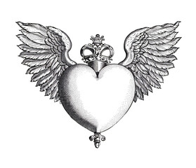 Heart with wings and crown, vintage engraving illustration