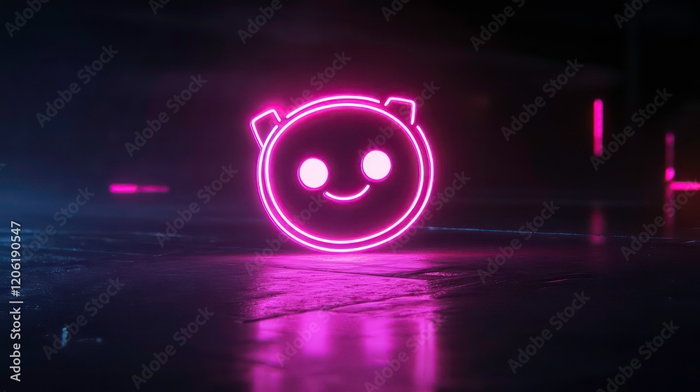 Poster Smiling neon robot icon glowing on dark reflective surface.