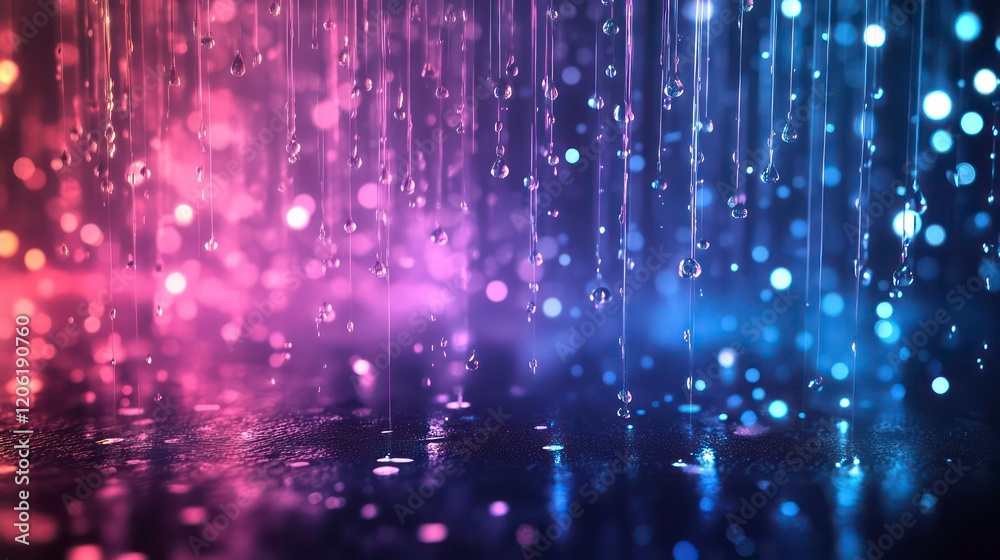 Poster abstract rain drops falling with vibrant pink and blue neon lights bokeh reflections on dark wet sur