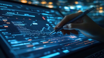 Hand Using Stylus on Digital Screen with Data Charts and Graphs