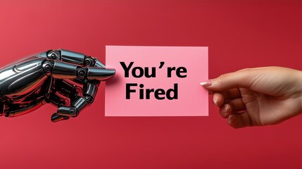 An AI robot hands a pink slip job termination slip to a human worker that says You’re Fired symbolizing future automation and unemployment for humanity during work displacement