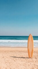 A surfboard on the sand of the beach promoting a travel agency. Surfboard in a tropical setting with turquoise&nbsp;waves.