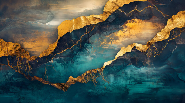 Layered mountain background with blue and gold accents. Resin art background.	