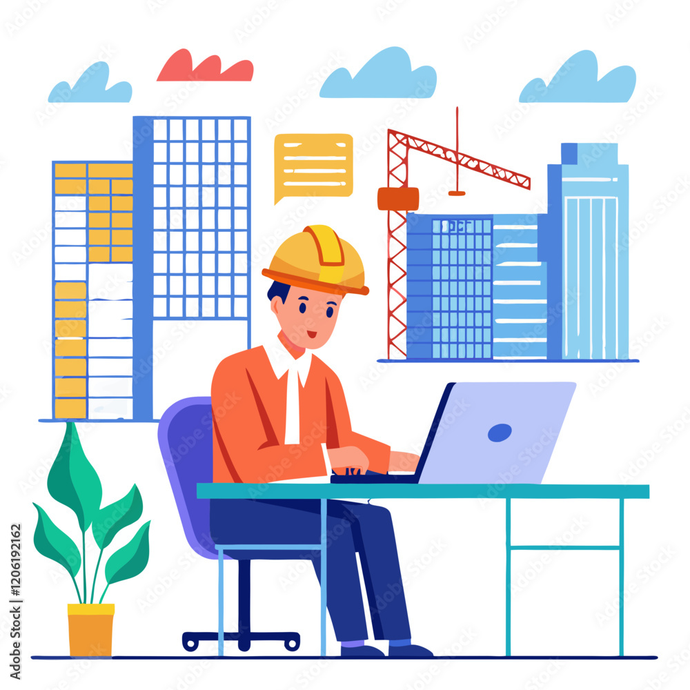 Poster a structural engineer focuses on analyzing building stress levels while working at a desk in an offi