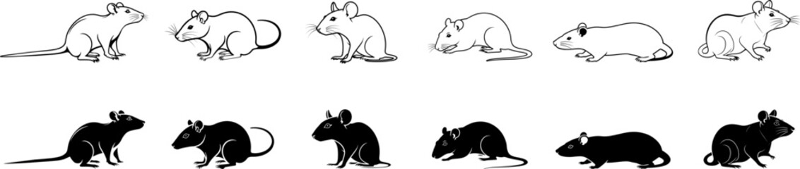 Set of Mouse Silhouette and line arts.