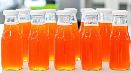 A vibrant display of orange juice bottles arranged neatly on a counter in a modern setting