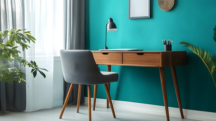 Minimalist home office setup with teal wall decor.