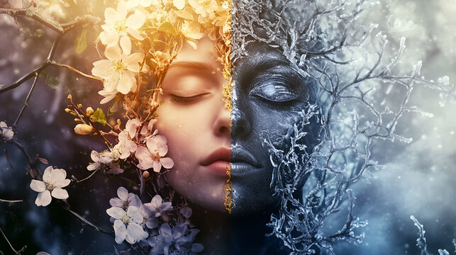 artistic depiction of the spring equinox with a woman's face divided into two halves. Spring Equinox art.