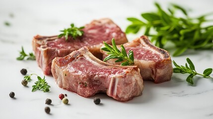 Fresh Cuts of Raw Meat with Herbs on Marble Background