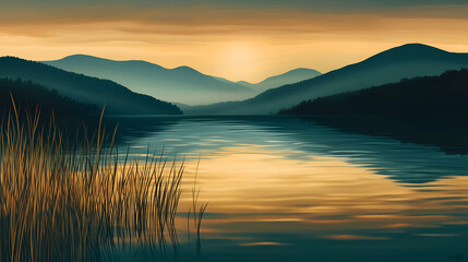 Fototapeta premium A serene lake scene at sunset, with the water reflecting golden ripples under the soft glow of a setting sun.