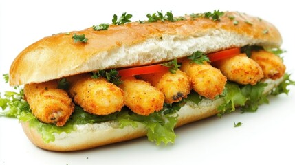 Delicious Bread Roll Filled with Crispy Fish Sticks and Fresh Greenery