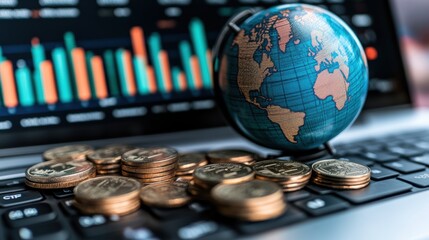 Global Finance Concept with Coins and Business Chart Close Up