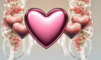 Colorful arrangement of heart-shaped balloons surrounded by floral decorations, ideal for romantic events or celebrations - Powered by Adobe