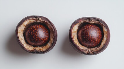 Obraz premium Halved Fruit with Dark Smooth Seed and Fibrous Interior Revealed