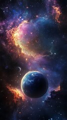 A vibrant cosmic scene featuring a planet amidst colorful nebulae.