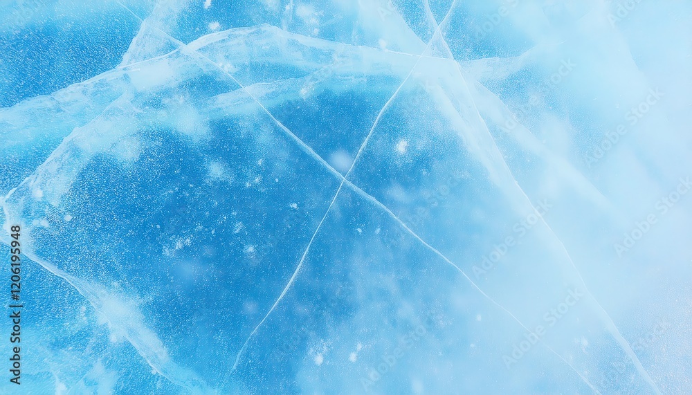 Poster delicate frozen lake texture with intersecting cracks and snowflakes in bright icy blue tones, perfe