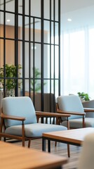 Fototapeta premium A modern armchair with a metal frame and blue cushions. Geometric decorative armchair in a minimalist&nbsp;setting.