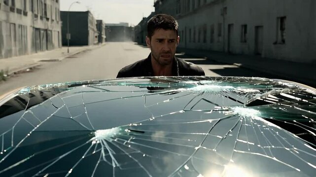 Man Despairing Over Hail-Damaged Car, Climate Change Impact
