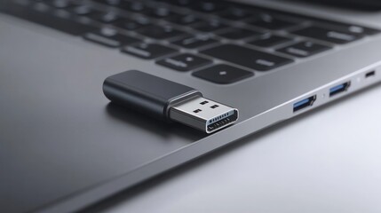 USB-C drive on laptop, data transfer, office desk, background blur
