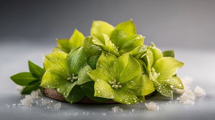 Vibrant green flowers elegantly arranged soft light delicate details. AI Generated