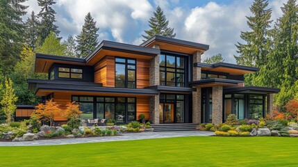 Fototapeta premium A sleek modern house crafted from wood and glass, nestled amidst a lush green garden, exemplifying harmony between contemporary architecture and nature.