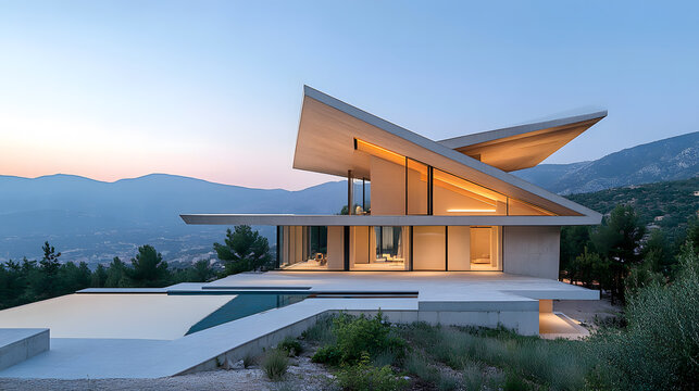 Unique architectural home with slanted roof design.