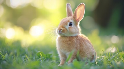Fototapeta premium A small, adorable rabbit with soft fur is sitting in a sun-drenched, lush green field, exuding a sense of peace and tranquility amidst the natural surroundings.